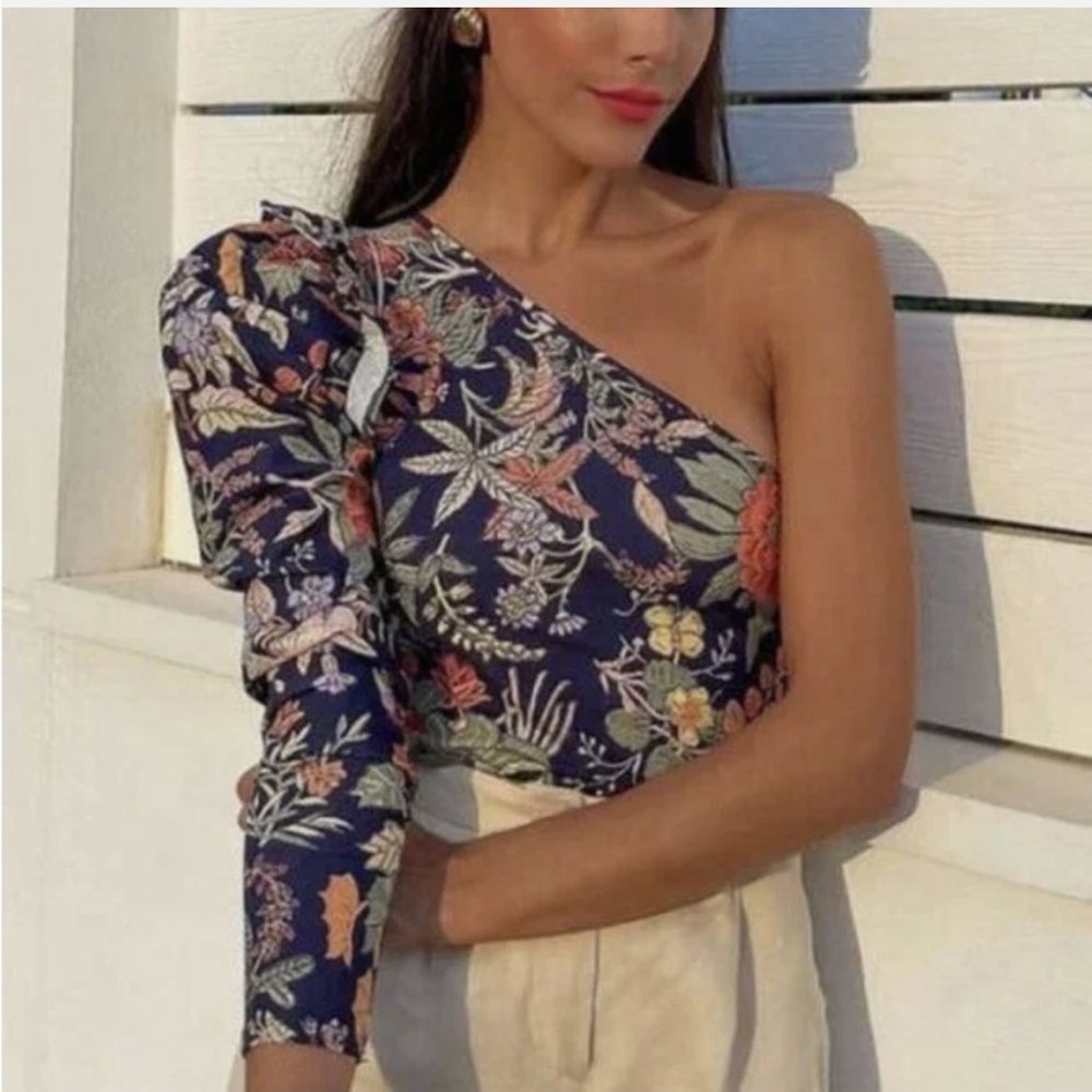 Zara Floral One-Shoulder Top - Navy and Multicolor